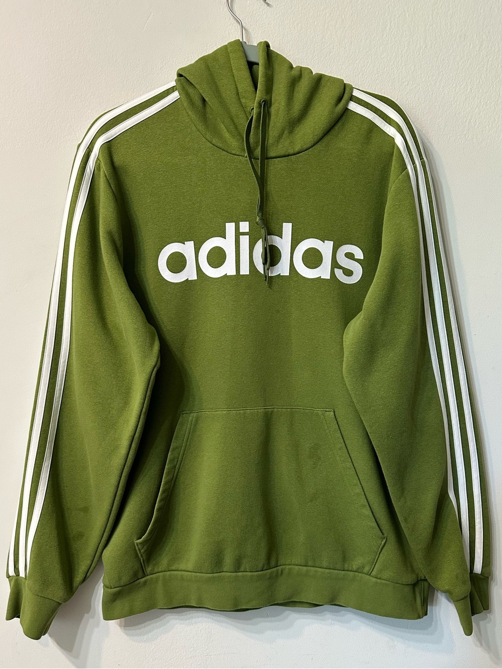 adidas Essentials Men L Hoodie Olive Green Linear Logo 3 Stripe Fleece Pullover
